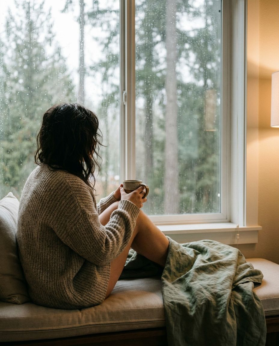 A woman on a window seat with a mug, looking out at evergreens in the rain